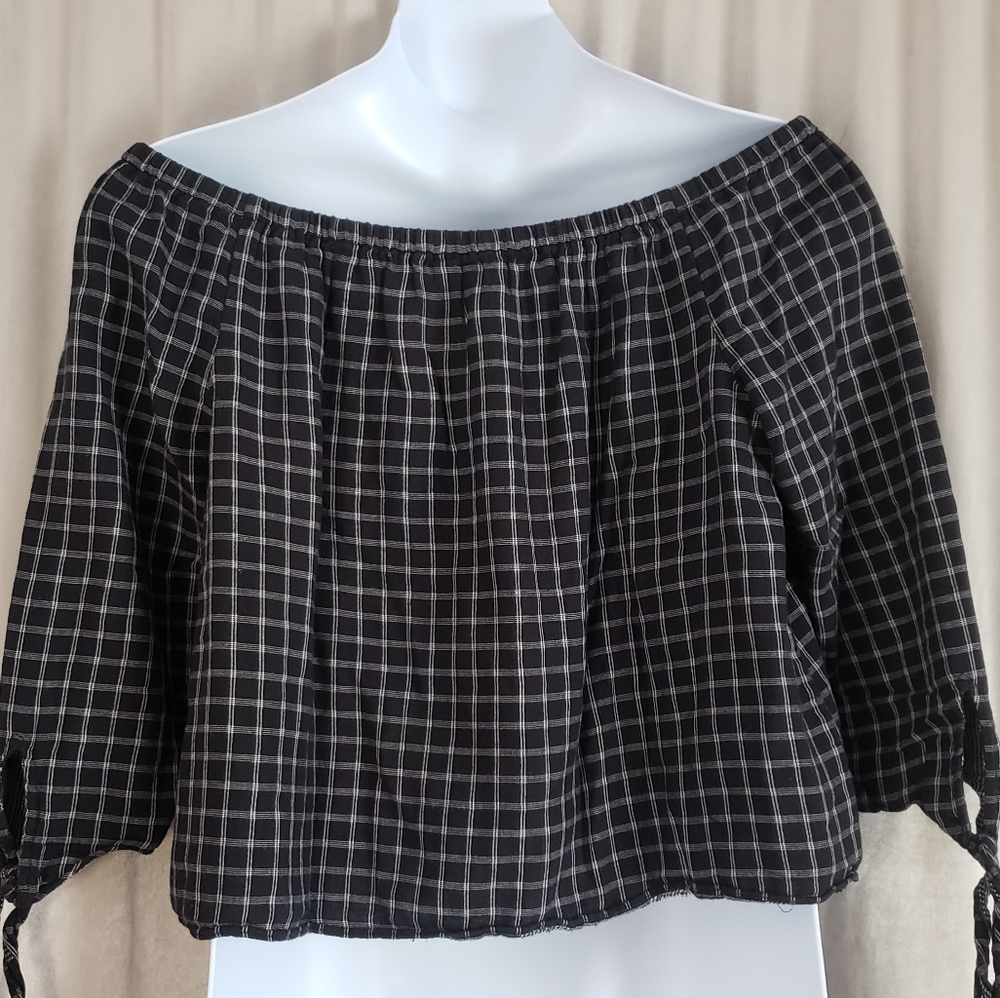 NWOT Madewell black checked off the shoulder flannel crop top Womens Lar… - Picture 3 of 6